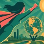 Midcentury image of a superhero flying over a futuristic city