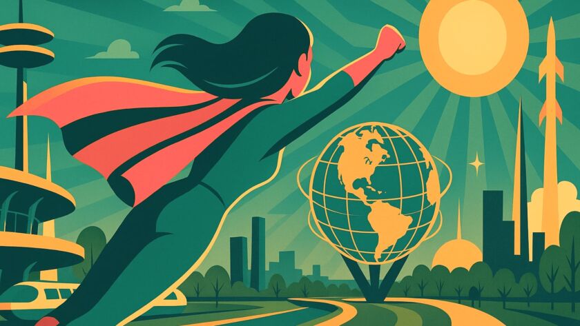 Midcentury image of a superhero flying over a futuristic city