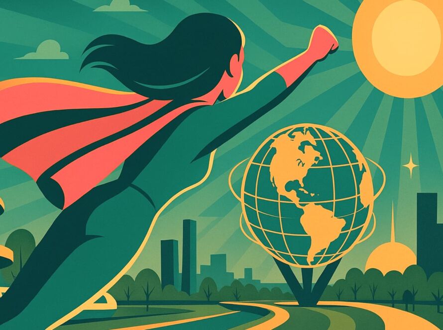 Midcentury image of a superhero flying over a futuristic city