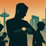 Silhouettes of workers looking at their watches in front of a futuristic cityscape