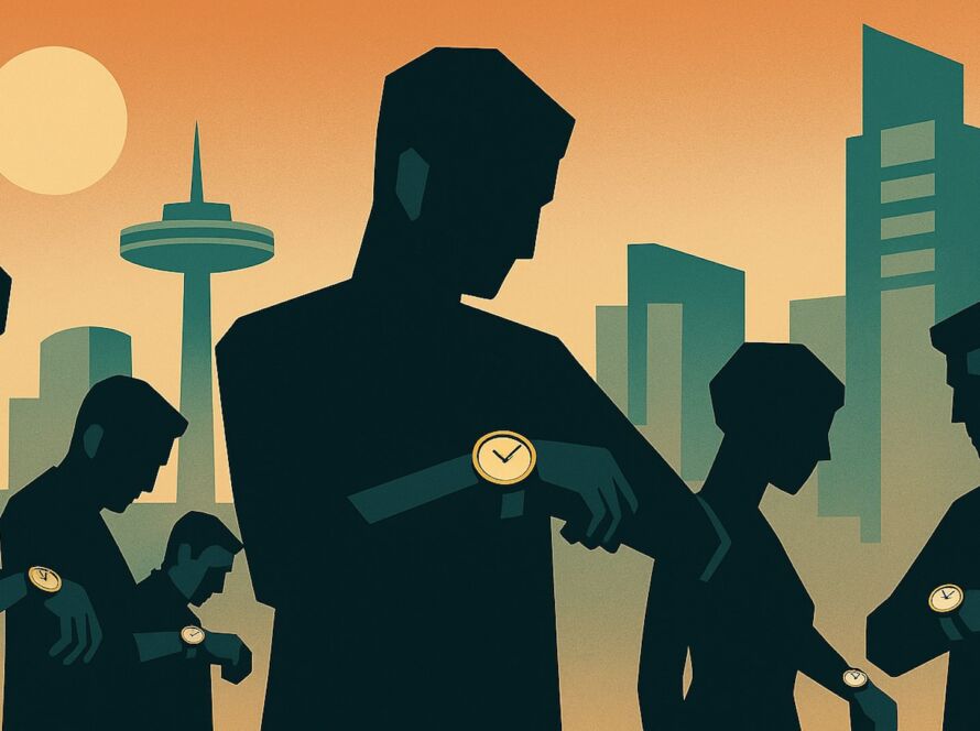 Silhouettes of workers looking at their watches in front of a futuristic cityscape