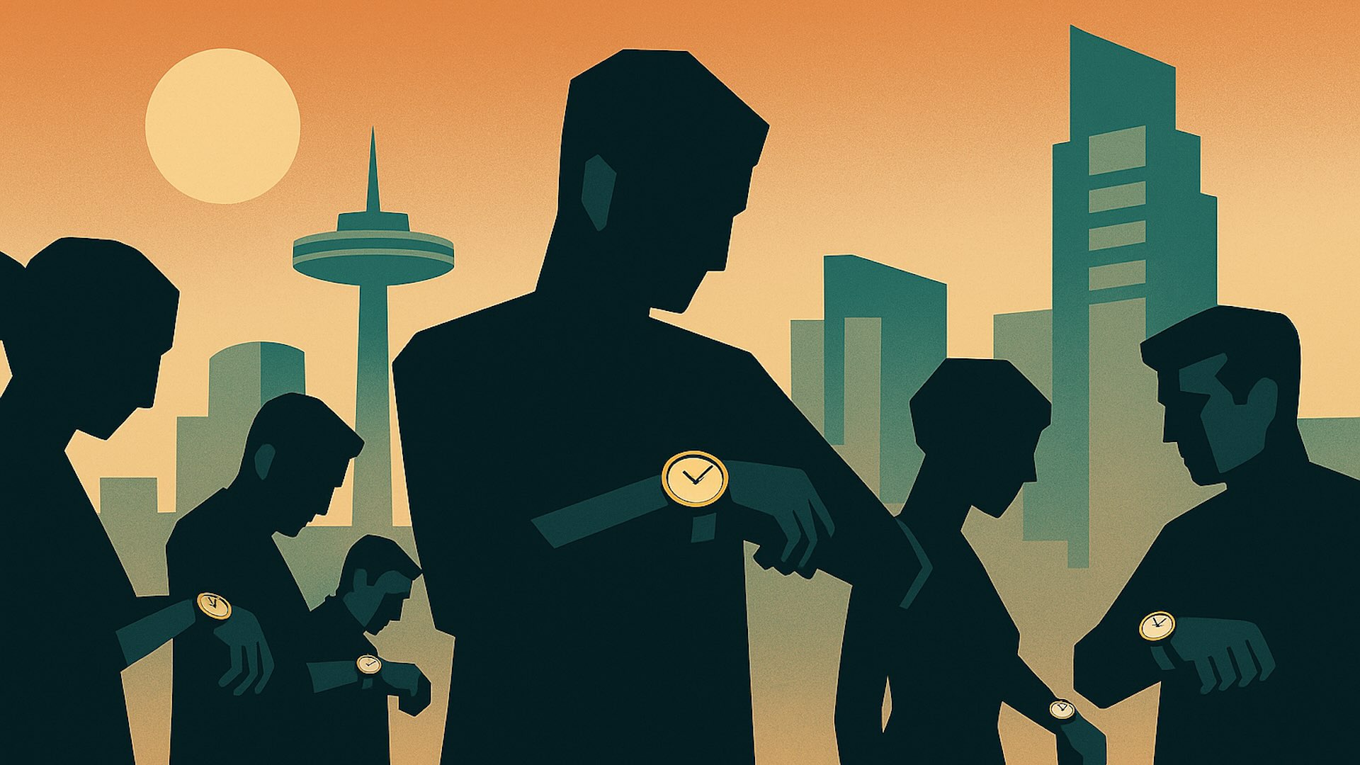 Silhouettes of workers looking at their watches in front of a futuristic cityscape