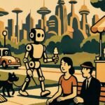 Robots doing human jobs in a park in front of a futuristic city skyline