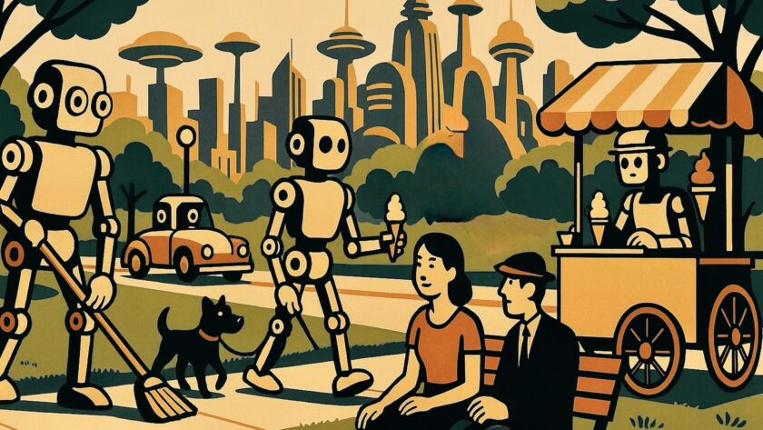Robots doing human jobs in a park in front of a futuristic city skyline